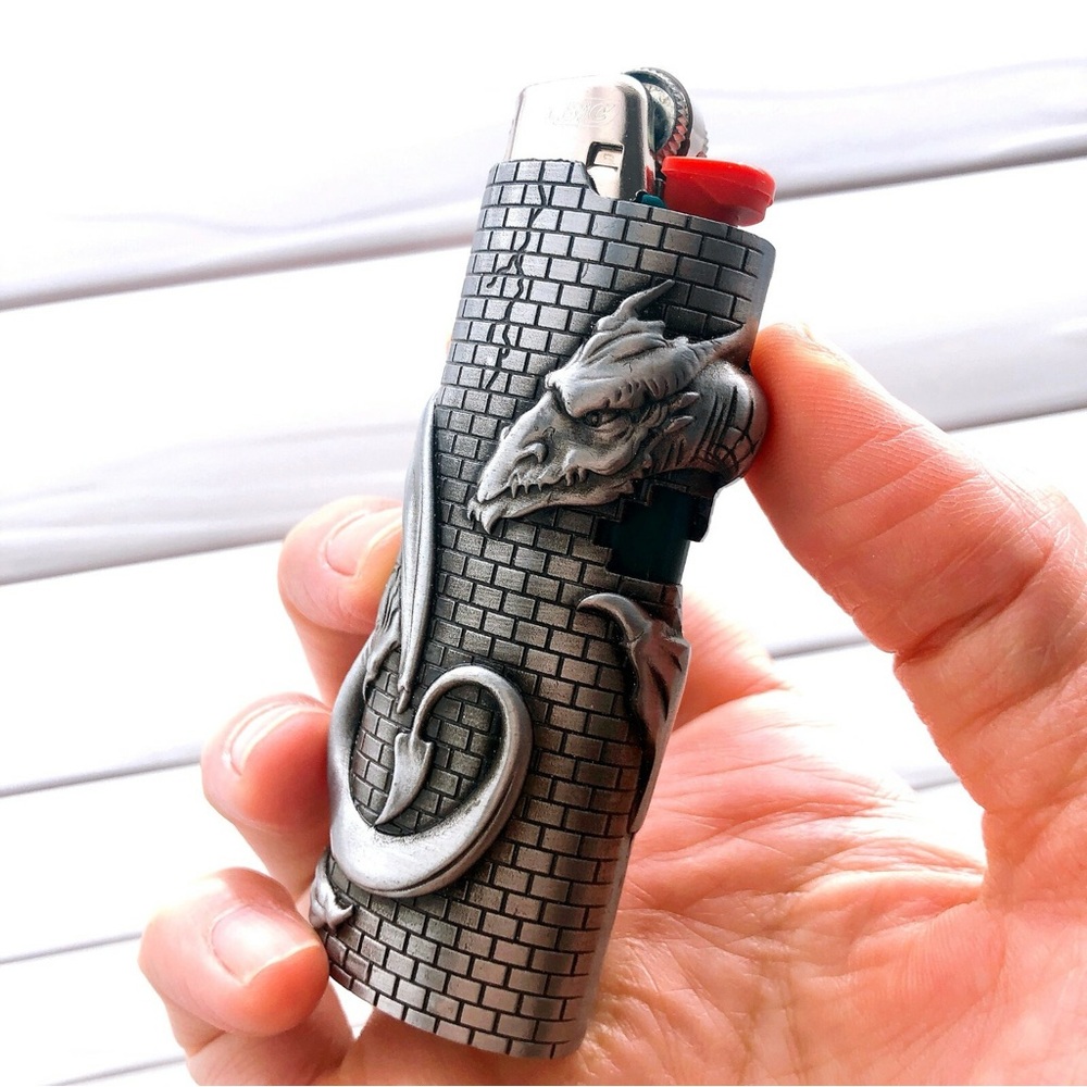Dragon Tower Metal Lighter Case Sleeve Fits Standard Bic Lighter
